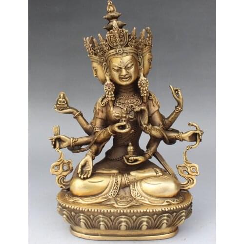 9" Tibet Buddhism Bronze 3 Head 8 Arms Namgyalma & Ushnishavijaya Buddha Statue