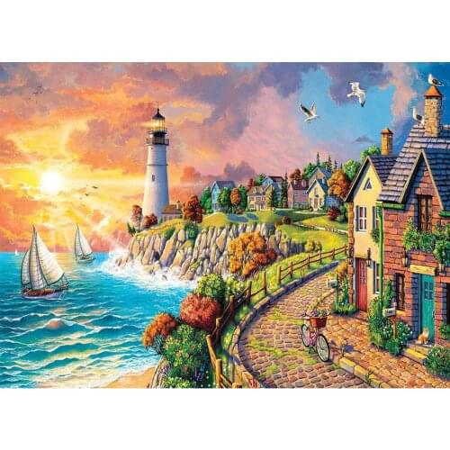 DIY Full Square Round Drill diamond painting Seaside town mosaic embroidery landscape 5D Cross Stitch Kit lighthouse AA2346