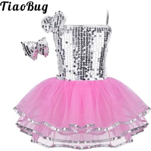 TiaoBug Girls Spaghetti Straps Sequins Ballet Tutu Dress with Hairclip Kids Lyrical Jazz Stage Performance Dance Costumes Set