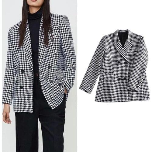 Tweed Houndstooth Blazer Suit Korea Fashion Double Breasted Temperament Commute Office Plaid Blazer 2021 New Vintage Casual Suit