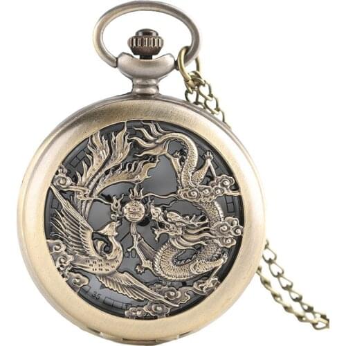 2020 Half Hunter Engraved Quartz Pocket Watch Bronze Vintage Steampunk Fob Clock Child Boy Girl Unisex Gift + Necklace