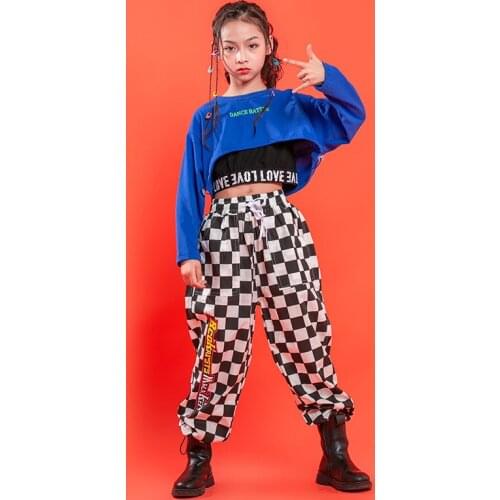 Kid Cool Hip Hop Clothing Blue Crop Top Long Sleeve Shirt Checkered Streetwear Pants for Girls Jazz Dance Costume Clothes