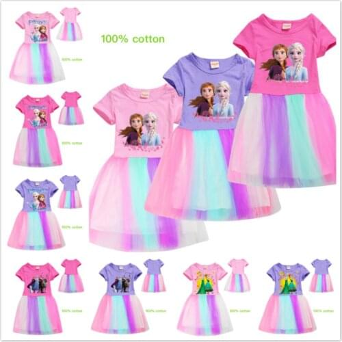 Kids Rainbow Lace Girls Dress Cotton Cartoon Frozen Anna Elsa Olaf Print Teenage Summer Princess Dress Suit Cute Little Student