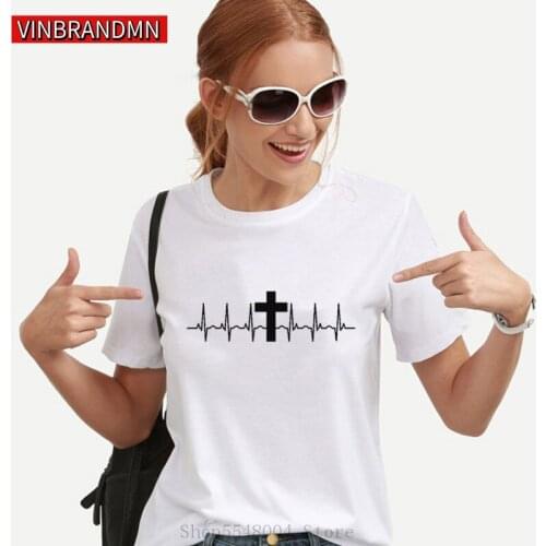 Funny Cross Heartbeat T Shirt Women Christian T-Shirt Jesus Christ Tshirt Casual Streetwear Bible Lines Cotton Top Religion Tees