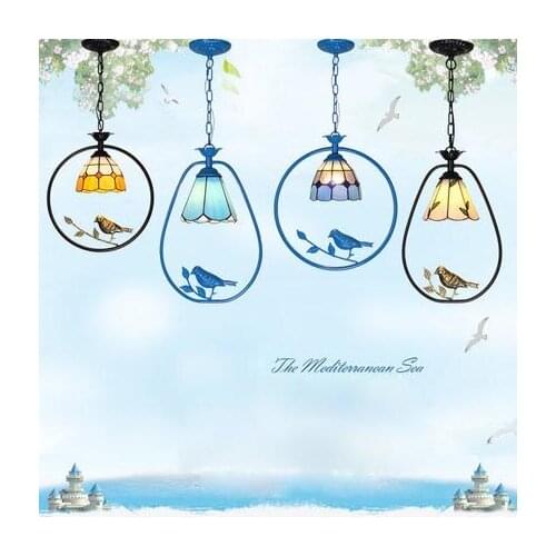 American Country Style Tiffany Creative Simple Bird LED pendant lights, Glass+metal suspension hanging lamp luminaries lampshade
