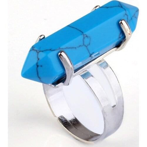 KFT Silver Plated Hexagonal Column Resizable Man Made Blue Turquoises Stone Finger Ring For Party Wedding Anniversary Jewelry