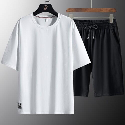 Plus Size Summer Tracksuit Men Short Sleeve T-Shirts+Shorts Solid Cotton 2 Piece Sets Men Sportswear Casual Sweat Suits 8XL