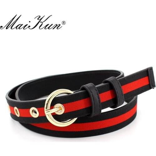 MaiKun Belts for Women Pin Buckle PU Leather Thin Women Belt Stripe Canvas Waistband for Pants Skirt