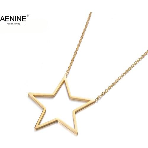 AENINE Trendy Gold Color Hollow Star Pendant Necklaces Jewelry Classic Titanium Steel Chokers Necklace For Women Girls AN17050