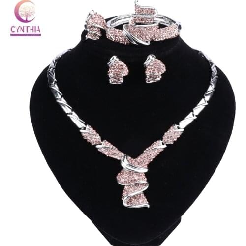New Fashion African Women Silver Color Wedding Jewelry Sets Dubai Vintage Crystal Necklaces Bracelet Ring Earrings Jewellery