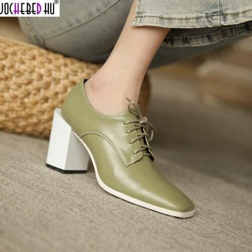 JOCHEBED HU New Womens Casual Pumps High Square Heel Cow Leather Lace-Up Fashion Cross-Tied Shoes Comfortable Leisure Pumps