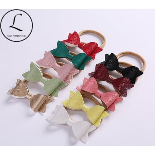 BabyGirl Soft Leather Bowknot Hair Hoop Solid Color Elastic Band Rubber pin Girls Accessories School Headwear