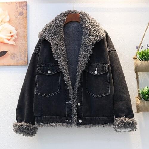 Lamb Wool Short Cotton Coat Female 2021 Winter new Style Small Thickened Student Denim Cotton Coat Fashion Warm and Loose