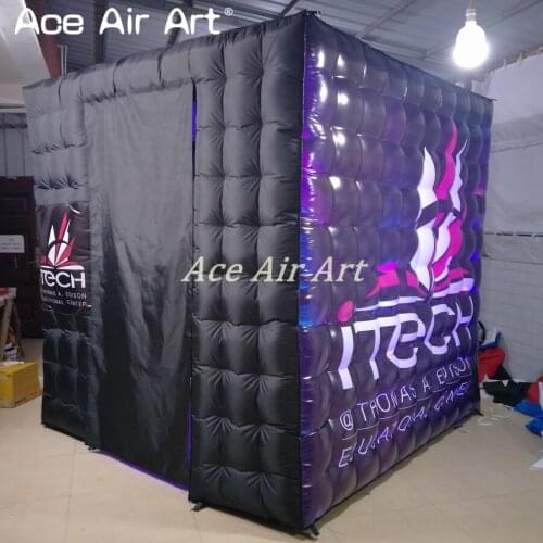 Customized black inflatable photo booth enclosure,inflatable trade show/office/party cube tent with led lights for sale