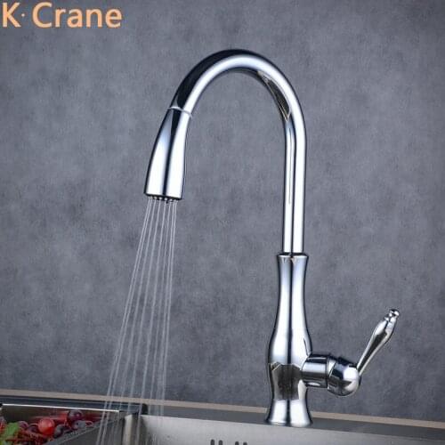 Luxury Pull Out Kitchen Faucets Hot Cold Water Mixer Tap Deck Mounted Single Handle Crane Silver Chrome Brass Torneiras Grifo