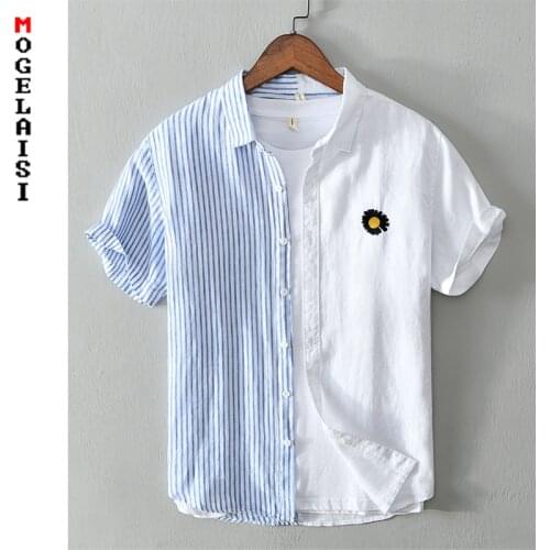 New men shirt summer 100% linen patchwork tops shirts Breathable short sleeve fashon stripe embroidery man clothing 556