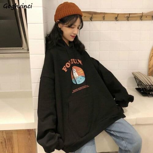 With Hat Hoodies Women Leisure Cartoon Printed Batwing Sleeve Sweatshirt BF Loose Tops Fashion Students Thicker Outwear Chic Ins