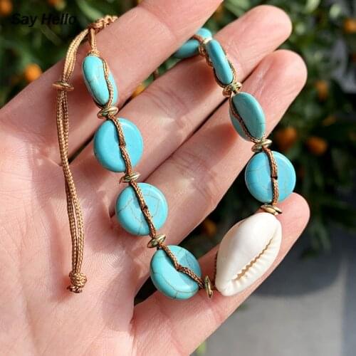 SAY HELLO Bohemia Handmade Shell Coral Beaded Drawstring Bracelet Female Beaded Round Turquoises Rope Bracelet Women A10412