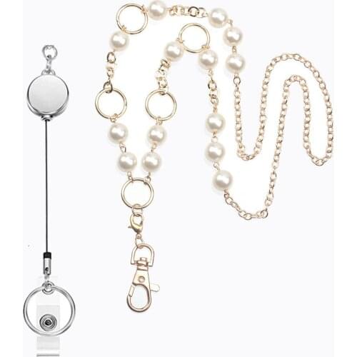 Fashion Pearl Retractable Badge Reel Lanyard with ID Card Holder for Women Lanyards Stainless Steel Neck Chain Key Holder