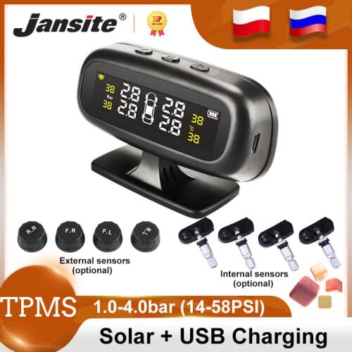 Jansite Solar TPMS Car Tire Pressure Alarm Monitor System Display Intelligent Temperature Warning with 4 sensors BAR LCD Display