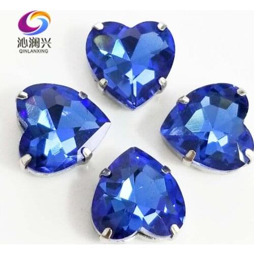 Light blue heart shape top quality Glass Crystal claw rhinestones,sew on stone with holes for Diy Clothing accessories SWH12