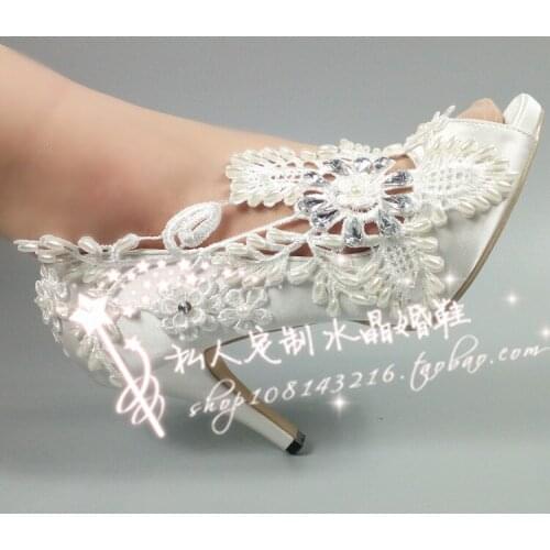 Fish mouth wedding shoes bride super high heel pearl rhinestone wedding photo shoes