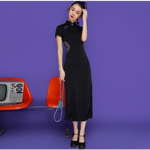 Chinese Traditional Qipao Women Outfit Cheongsam Bodycon High Split Short Sleeve Black Solid Color Embroidery Wedding Dresses