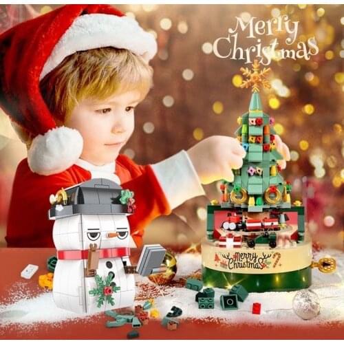 Christmas Tree Building Blocks Rotating Music Box Christmas Decoration Creative Home Decoration Ornaments New Year Xmas Gifts