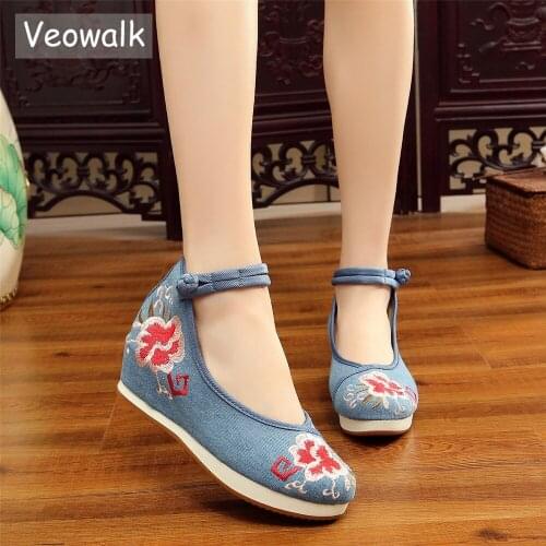 Veowalk Handmade Womens Soft Canvas Platforms Ankle Strap Retro Ladies Comfort Denim Cotton Embroidered Thick Bottom Shoes