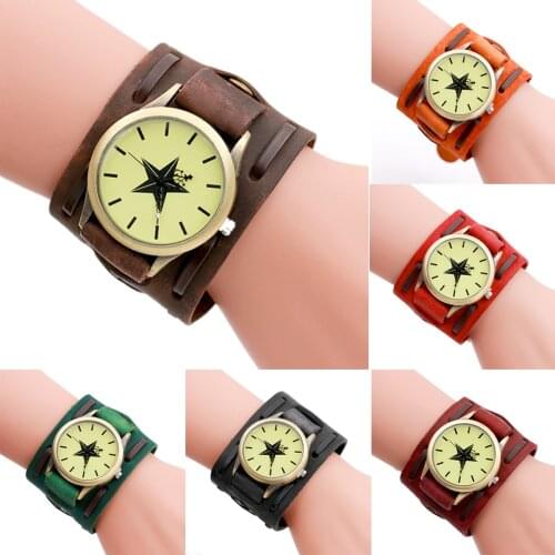 Vintage Leather Cuff Wristwatches Fashion Star Pattern Bracelet Cuff Watches Punk Rock Style Quartz Watch Relogio Masculino