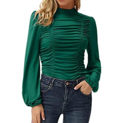 Hot Sale Women Blouse Long Sleeve Tops Solid Color Casual Pleated Lantern Sleeve T-Shirt for Daily Wear Autumn Fashion New 2021
