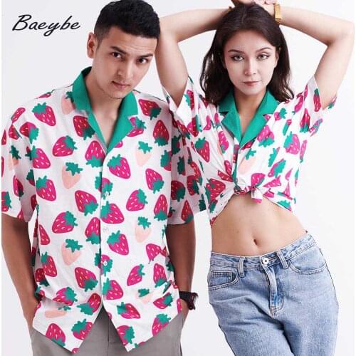 Ladys Cascual Shirt Original Collared Strawberry Pattern Print Oversize Top Unisex Couple Streetwear Male&Female Homewear