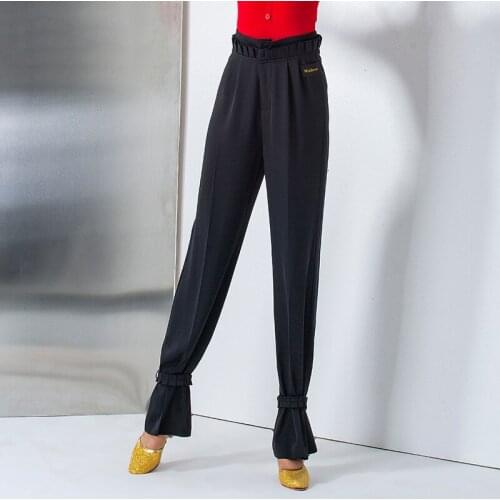 2021 Latin Dance Pants Women Ruffles Waist Loose Balck Purple Trousers Ballroom Practice Wear Dancing Clothes Ladies DNV15279