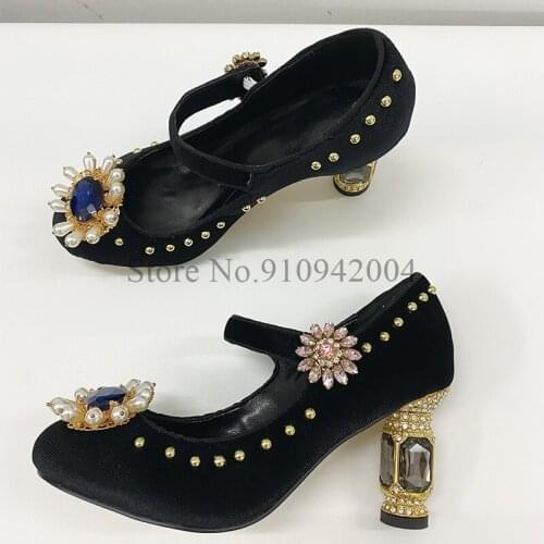Spring Chunky Heel Wedding Shoes Jeweled High Heel Shoes Ankle Strap Black Velvet Round Toe Rhinestone Pumps Women