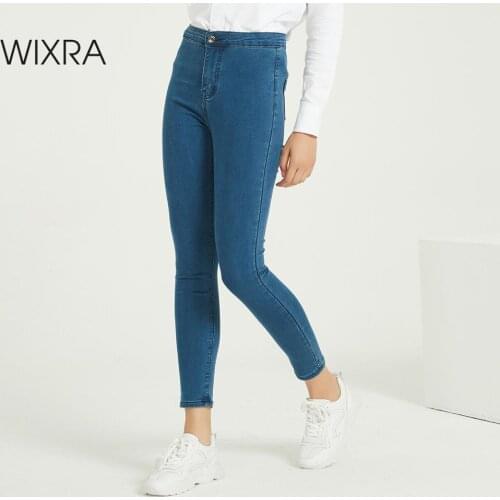 Wixra Womens Skinny Pencil Denim Pants High Waist Pockets Stretch Jeans Trousers Spring Autumn Ladies Clothing