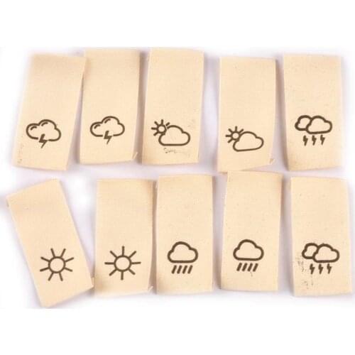 50pcs/lot Cotton Woven Beige Labels For Clothes Care Sewing Accessories Cartoon Weather Pattern Bags Garment Tags Washable C2440