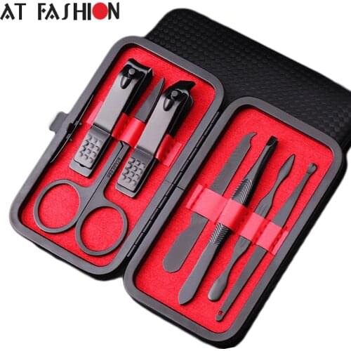 7Pcs Black Stainless Steel Nail Clipper Cutter Trimmer Ear Pick Grooming Kit Manicure Pedicure Scissor Tweezer Nail Tools Set