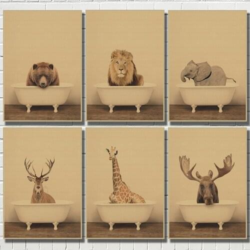Abstract Animal Bathtub Bathing Kraft Paper Poster Elephant Giraffe Nordic Wall Art Print Picture Living Room Decoration