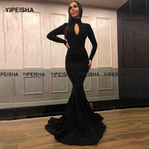 Yipeisha High Collar Black Mermaid Evening Dresses Long Sleeves Navy Sequin Wedding Party Dress Custom Made Prom Gown Red