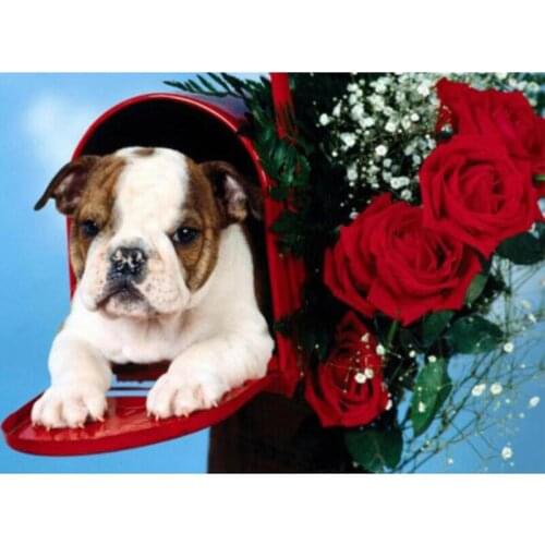 DIY Diamond Painting by Number Cute Puppy and Red Rose Flower Cross Stitch Wall Sticker Diamond Embroidery Animal Picture l345