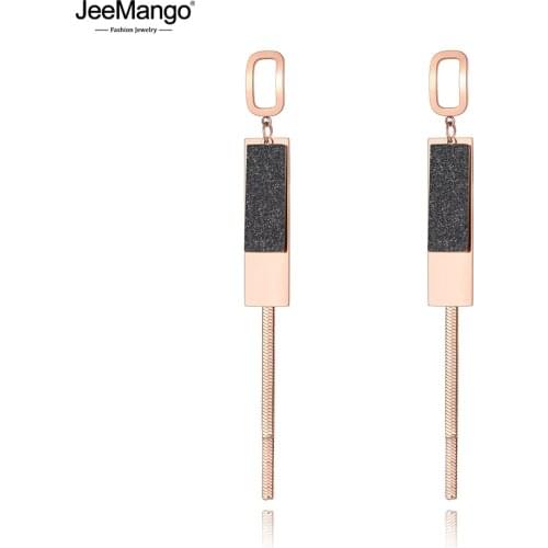 JeeMango Hyperbole Bohemia Stainless Steel Geometric Tassel Dangle Earrings Rose Gold Chain Drop Earrings For Women JE19170