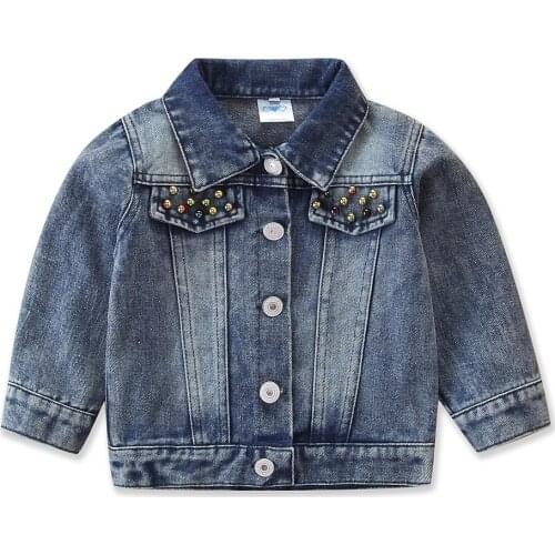 Autumn Children Girls Autumn Outfit Blue Lapel Long Sleeves Denim Jacket Beadings Heart-Shapes Sequin Clothes