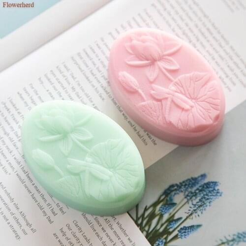Four Cavities Dragonfly Lotus Pattern Handmade Oval Soap Mold Fondant Cake Mold DIY Chocolate Jelly Mold Bathroom Supplies
