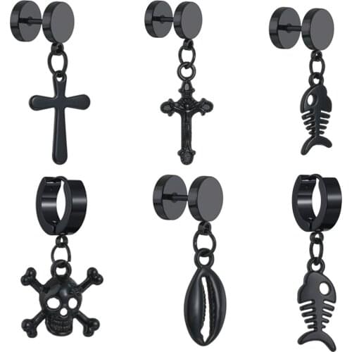 Single Black Fish Cross Skull Stainless Steel Stud Earring for Men Women Guys Jewelry Rock Hip Hop Punk Ear Clip Unisex