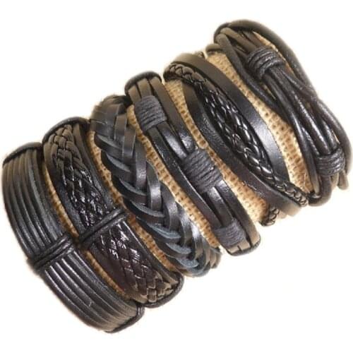 6pcs/lot) Multilayer Leather Bracelet Men Fashion Braided Handmade Charm Rope Wrap Bracelets & Bangles Male Gift 2019