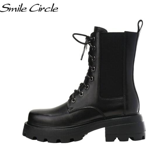Smile Circle Motorcycle Boots Women Cow leather 2020 British Wind Thick With Short Boots Square toe women shoes