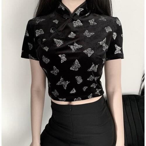Velvet Butterfly T-Shirt Vintage Chinese Style Stand Collar Short Sleeve Black Gothic Casual Crop Top Femme Summer Tops 30968