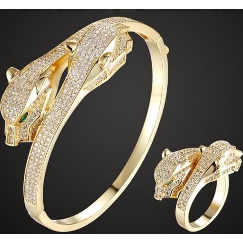 Zlxgirl jewelry sets Two Green Eye Leopard Animal Bangle with ring wedding accessory sets womens gold color bangle sets gifts