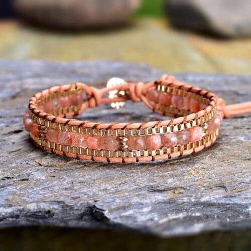 Simple Sunstone with Gold Chain Braided Charm Bracelets for Women Bohemian Female Beaded Wrap Bracelet Handmade Jewelry Dropship