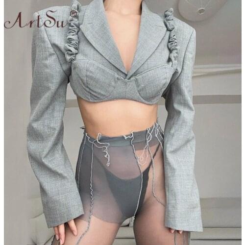 ArtSu Autumn 2 Piece Blazer Set Women Notched Collar Long Sleeve Sheath Coat Ladies Fashion Grey Short Blazers 2021 Party Wear